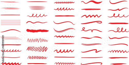 Collection of hand drawn red brush stroke lines and underlines