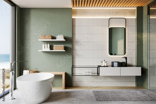 Canvas-taulu Modern minimalist bathroom interior with freestanding bathtub, vanity unit, mirror, shelves, and natural sunlight