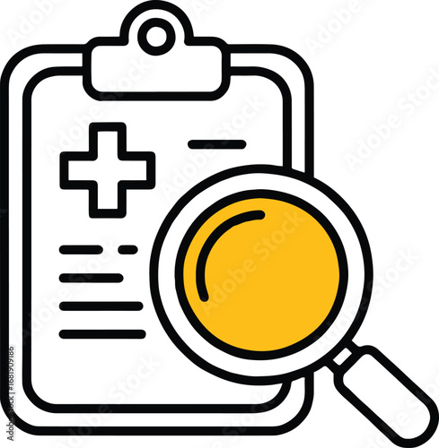 Vector art of a medical record on a clipboard being examined with a magnifying glass, , representing health care analysis and information research