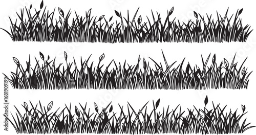 Three rows of black silhouette grass against a white background