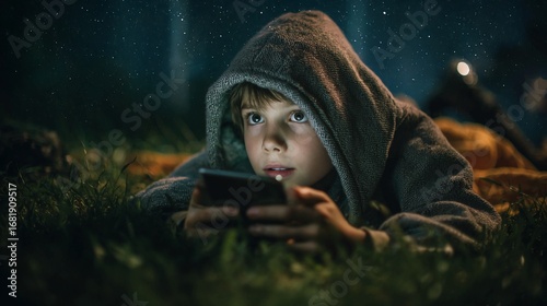 Boy in hoodie lies on grass, illuminated by phone screen.