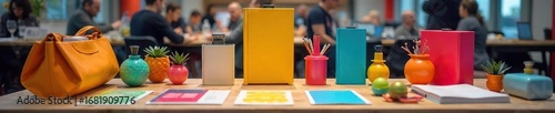 Brightly colored promotional items displayed on a table, ready for a trade show or event  Perfect for marketing and advertising concepts ,  table,  corporate event