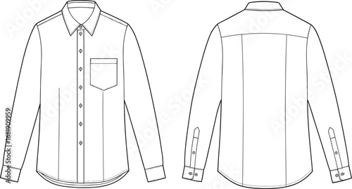 Long sleeve button-up shirt front and back technical sketch, pocket detail, cuff placket design, cad drawing flat vector illustration