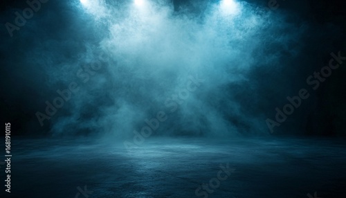 The image shows a dark blue background with smoky texture and three light sources creating a moody atmosphere.