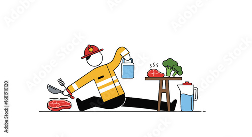 Firefighter Preparing Healthy Meal with Meat and Broccoli