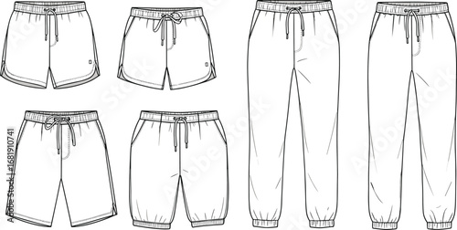 Men sports shorts jogger pants technical flat sketch, activewear fashion design template, casual wear vector illustration, clothing design