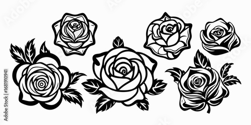 Collection of six stylized black rose silhouettes with leaves isolated on white background silhouette