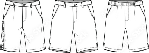 Men’s bermuda shorts technical flat sketch, casual wear vector illustration, front view design template, fashion outline drawing