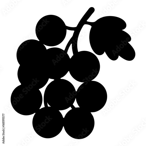 Stylized Black and White Silhouette Illustration of a Bunch of Grapes and Leaf