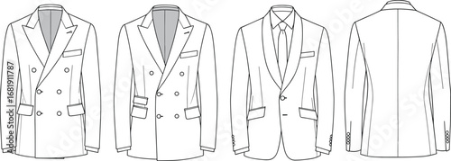 Men’s blazer cad flat vector illustration showing double-breasted and single-breasted suit jackets front and back technical fashion sketch.
