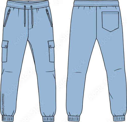 Men’s cargo jogger pants flat front and back view, CAD fashion design drawing, technical vector apparel template illustration