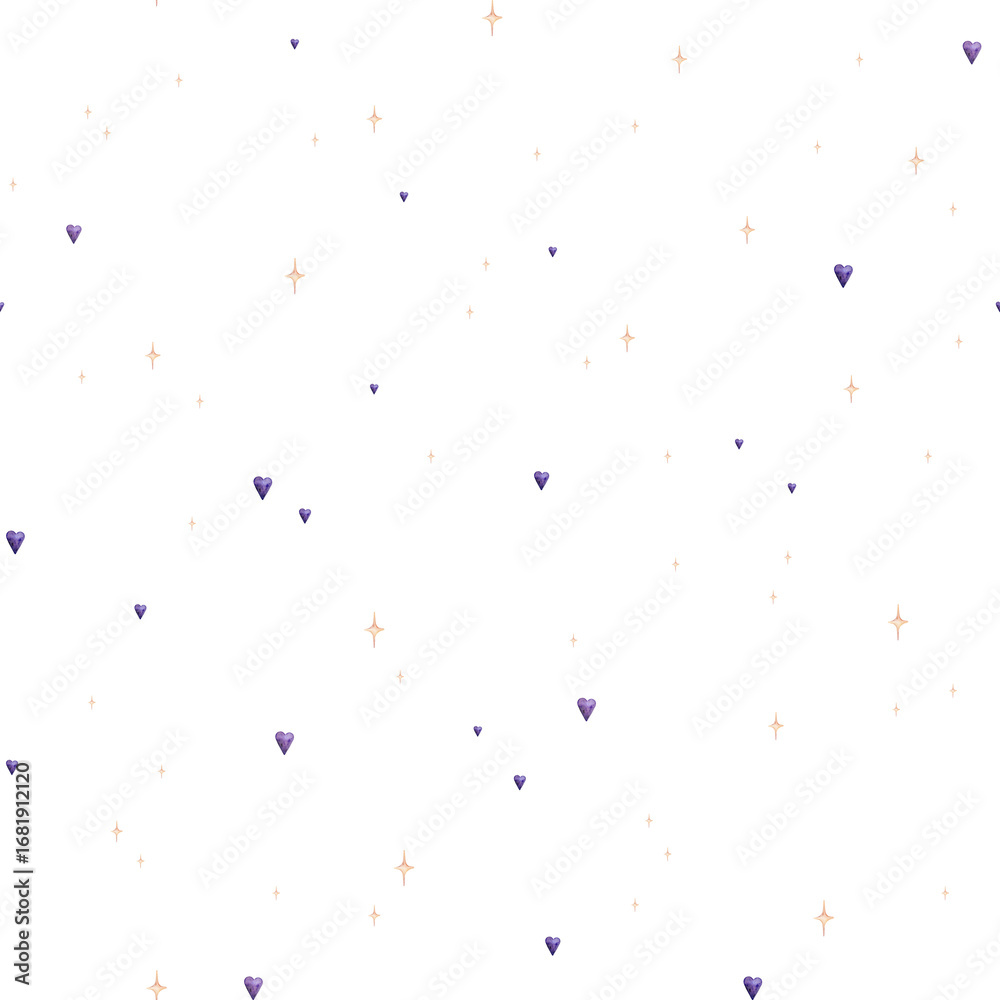 Fototapeta premium Seamless pattern with hand-drawn watercolor featuring yellow orange stars and purple hearts. This charming design repeats beautifully, adding a playful touch to any project. For children's design