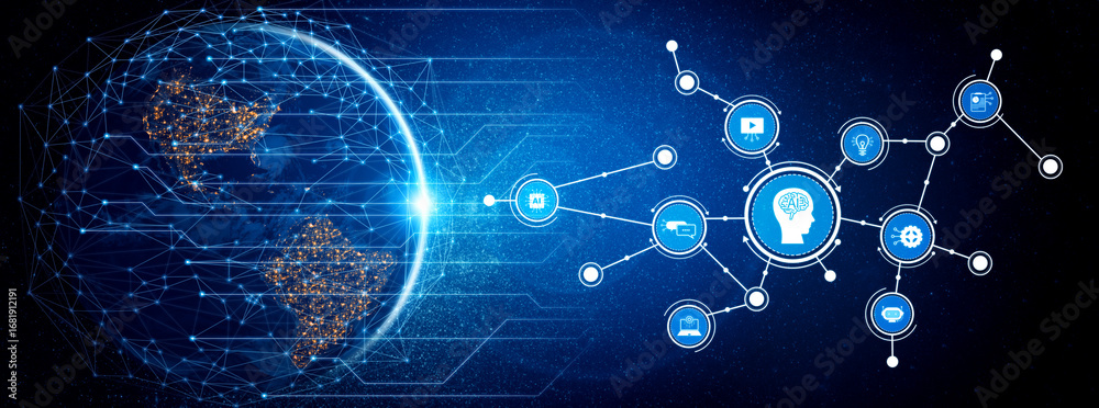Obraz premium A visually striking image illustrating a global digital network with nodes representing artificial intelligence and communication concepts, set in a futuristic environment. Tessel