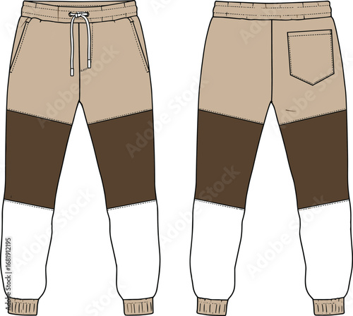 Men’s color block jogger pants, stylish panel design, front and back view, CAD technical sketch, modern streetwear fashion flat