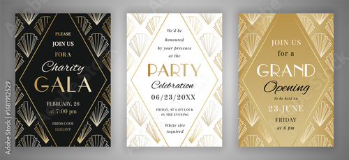 Charity gala night, party celebration, grand opening invitation set. Black, white and gold linear art deco stylized shells background. EPS 10 vintage cards with frames in the shape of a diamond