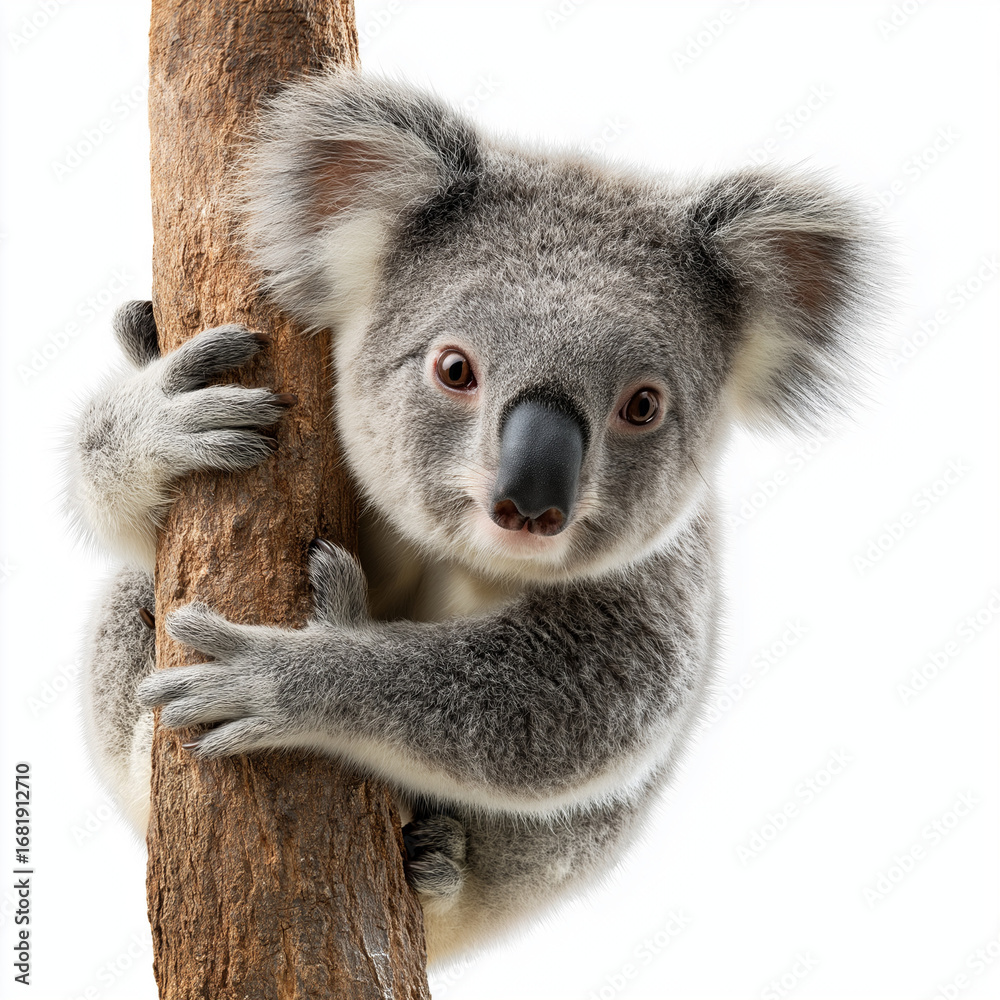 Naklejka premium A cute koala isolated on a white background, showcasing its fluffy fur and iconic round face.