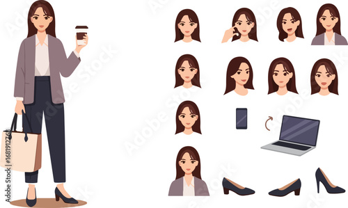 Young professional woman with coffee and bag surrounded by her facial features and accessories