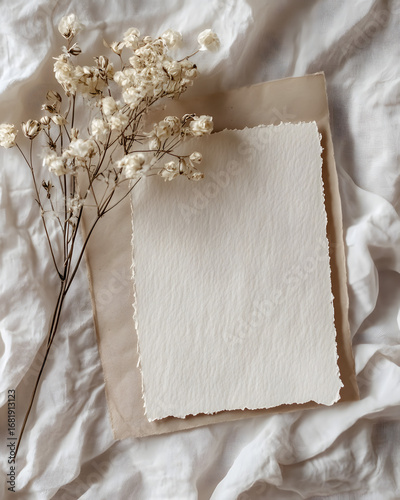 Minimalist Rustic Wedding Invitation Background with Blank Paper and Dry Flower Arrangement