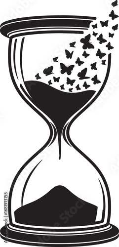 Hourglass with Flowing Sand Transforming into Butterflies Silhouette Logo, Time Change Freedom Concept, Minimal Vector