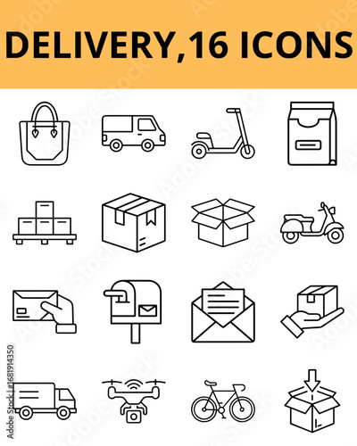 Delivery icons including van, package, and bicycle on white background  