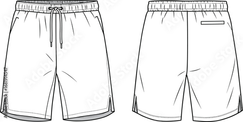 Men's athletic shorts technical flat sketch, vector CAD drawing, elastic waistband, drawstring, summer wear, front back view, detailed design