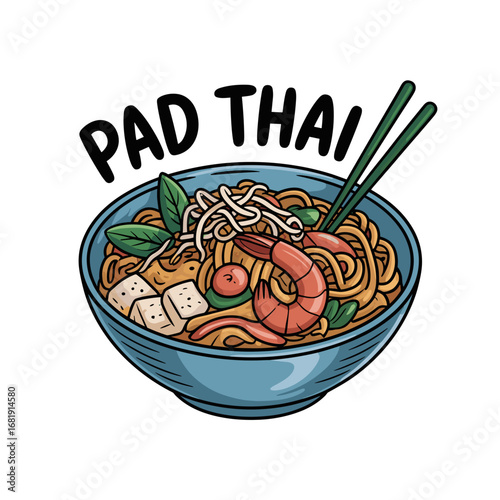 Bowl of pad thai in hand-drawn cartoon style on white background