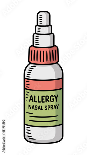 Allergy nasal spray bottle with a green label, а hand-drawn illustration