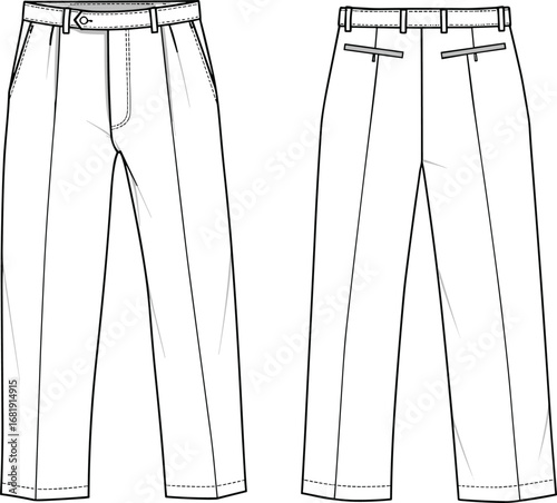 Men's formal trousers front and back, technical flat sketch, fashion CAD drawing, straight fit pants, vector apparel design template