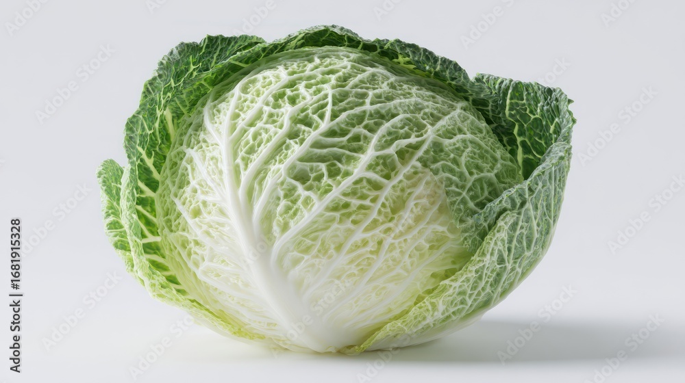 Obraz premium Savoy cabbage head, textured green & white leaves, isolated on light background
