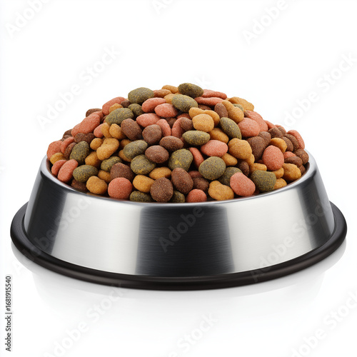 A stylish modern bowl filled with dry dog food, nutritious and crunchy pieces, isolated on white background, healthy pet meal option.
