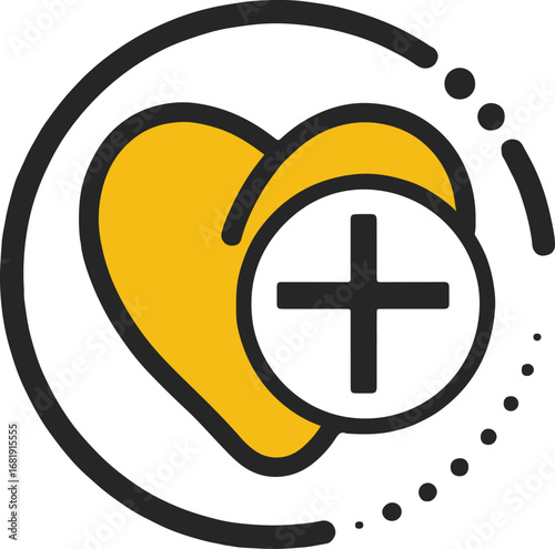 Illustration of a heart with a plus sign inside a circle, , representing health, care, and support for medical or charitable causes with yellow color