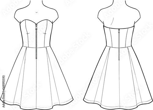 Off shoulder flared mini dress with front and back zipper, flat sketch, fashion technical drawing, CAD vector, garment illustration