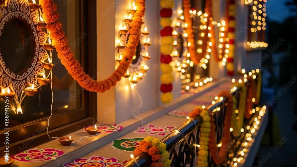 Dwailli Traditional Indian Diwali festival decorations with glowing oil lamps ...