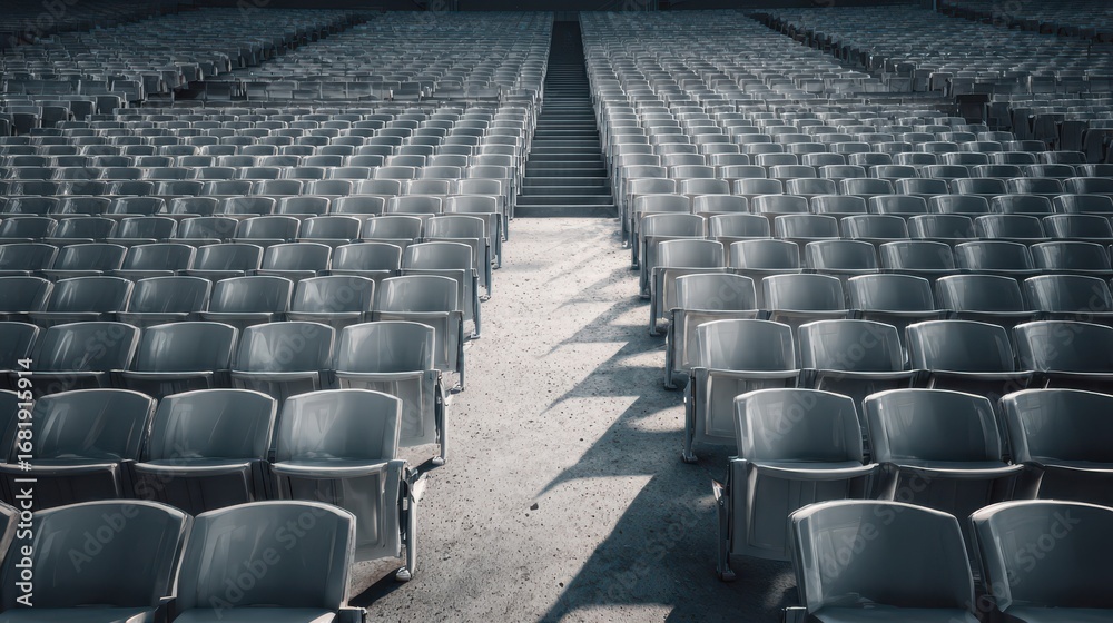 Fototapeta premium Empty grey stadium seats in symmetrical rows, sports arena seating, public event venue, spectator chairs, organized seating, outdoor stadium, event space, crowd seating, stadium architecture, sports 