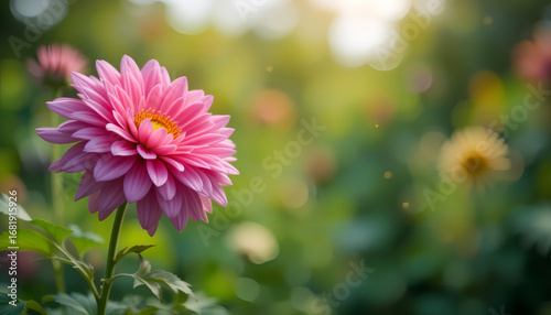 A vibrant pink dahlia in sharp focus stands against a blurred green background, illuminated by soft sunlight. The scene feels serene and fresh.