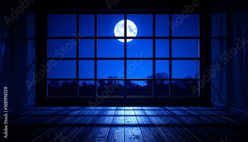 A tranquil room bathed in the soft glow of a full moon, casting serene shadows on a wooden floor.
