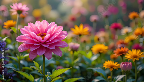 Vibrant garden with a pink dahlia as the focal point, surrounded by multicolored flowers. The scene conveys a sense of tranquility and natural beauty.
