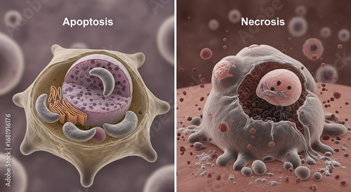 Detailed 3D medical illustration comparing programmed cell death with necrotic cellular lysis and inflammation
