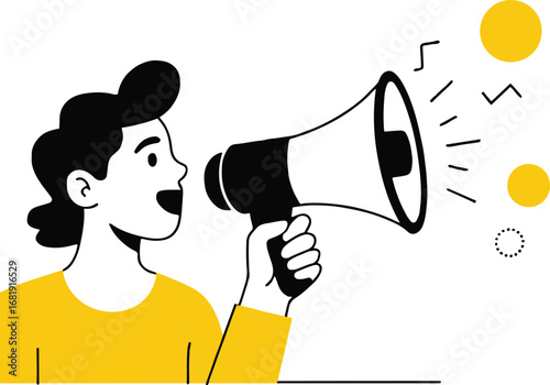 Illustration of a man is making an announcement with a megaphone, promoting a sale or event, and drawing attention to an important message, isolated on white background