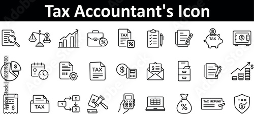 Collection of tax accountant icons, isolated on transparent background, representing financial concepts like taxes, accounting, and business