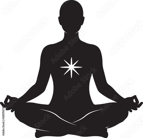 Meditating Person in Lotus Pose with Star in Chest Silhouette Logo, Enlightenment Inner Strength Concept, Minimalist Vector