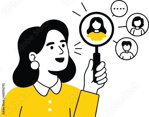 Illustration of a woman is using a magnifying glass to search for people, representing recruitment, human resources, and online networking isolated on white background