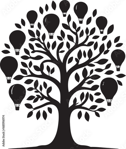 Black silhouette tree with hot air balloons instead of leaves black and white