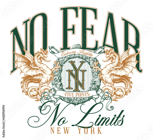 Urban graphic artwork featuring gothic lettering, vintage dragons and crest emblem, inspired by streetwear fashion culture. Ideal for apparel prints, retro style and modern urban clothing.