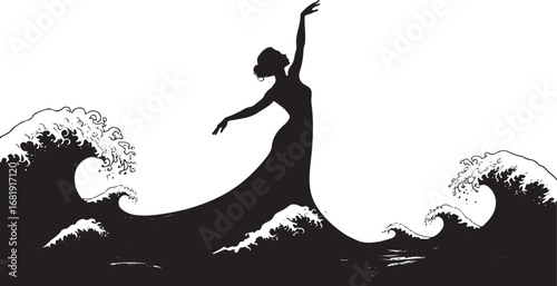 Silhouette of a woman in a long dress dancing amidst crashing waves vector