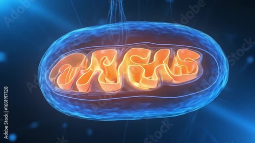 Detailed illustration of a mitochondrion with glowing orange structures against a blue background, symbolizing energy production in cells