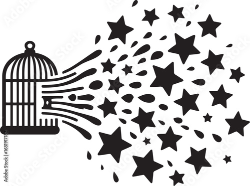 Black birdcage releasing stars and droplets on white background freedom release