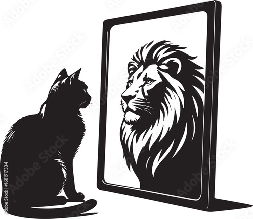 Black cat silhouette looking at lion reflection in mirror vector