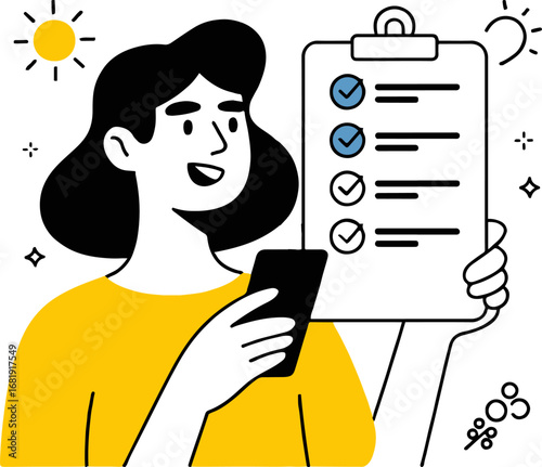 Illustration of a woman is holding a checklist and a mobile phone, managing tasks and projects efficiently to achieve goals and success, isolated on white background