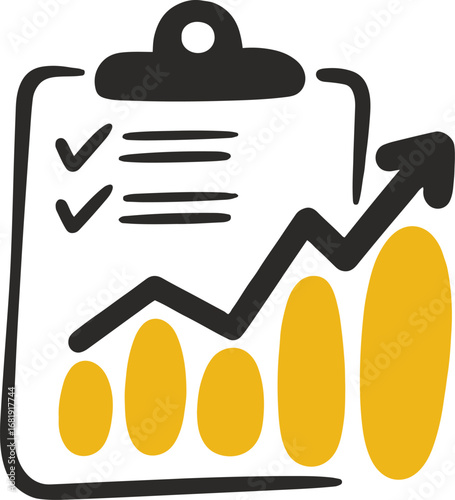 Illustration of clipboard with a growth chart and check marks isolated on white background, symbolizing business success, data analysis, and positive trends in a modern and minimalist design